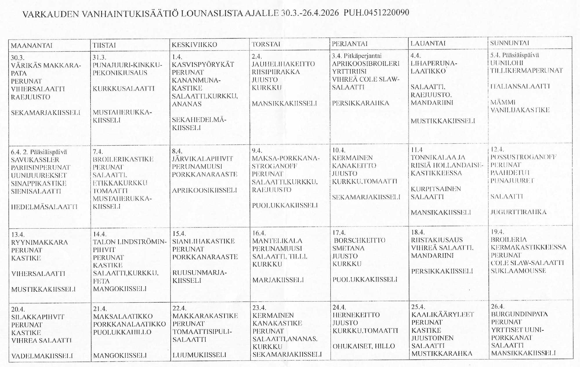 Varkauden Vanhaintukisäätiön huhtikuun ruokalista