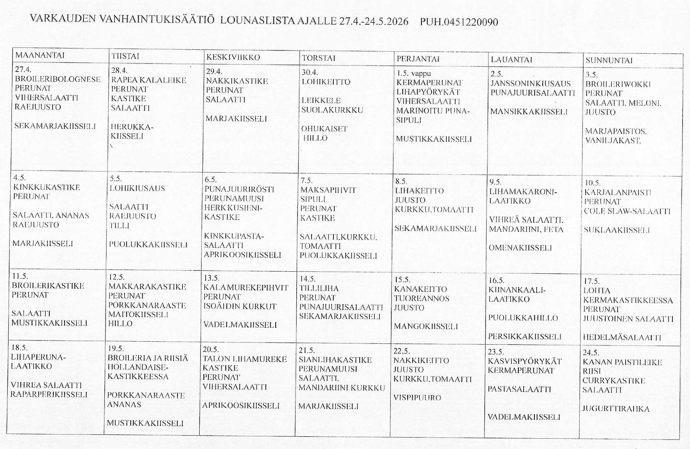 Varkauden Vanhaintukisäätiön ruokapalvelujen toukokuun ruokalista