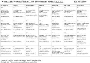 Varkauden Vanhaintukisäätiön ruokapalvelujen ruokalista.